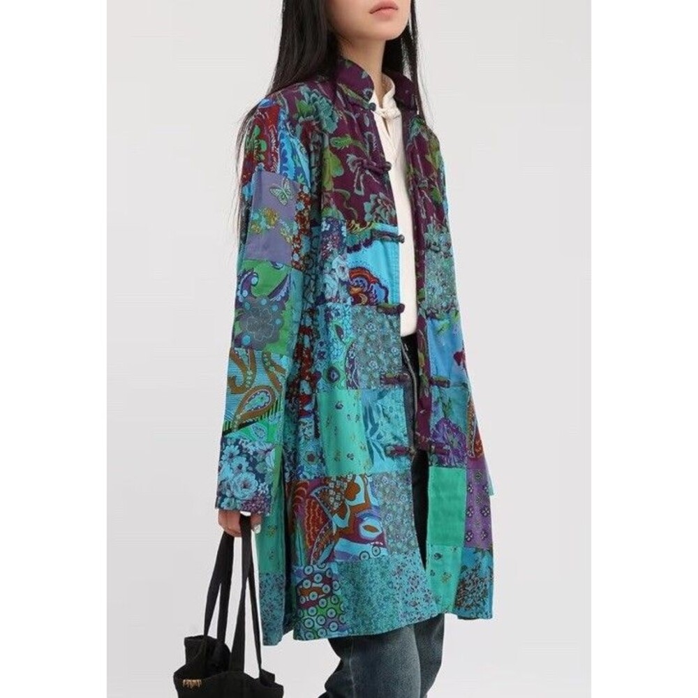 Fioramosaic Patchwork Jacket Size XL Floral Lightweight Coat Artsy Boho Blue